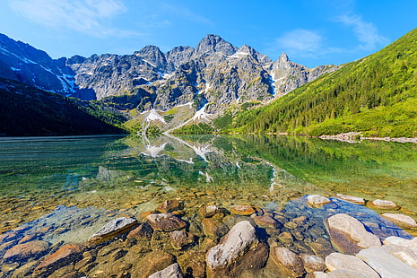 lake, morskie, mountains, nature, oko, poland, scenery, stones, tatra, HD wallpaper HD wallpaper