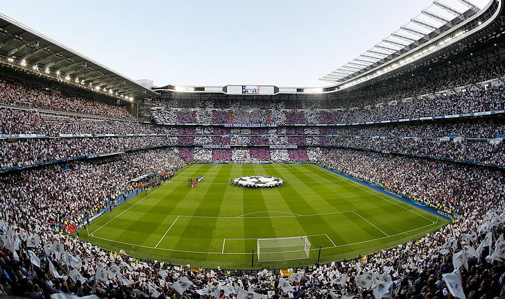 футбольный стадион, стадион Сантьяго Бернабеу, Реал Мадрид, Лига Чемпионов, футбольные поля, HD обои