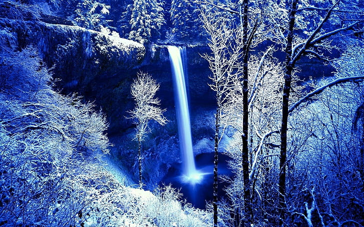 Iskallt vattenfall, vattenfall, natur, 1920x1200, snö, vinter, träd, skog, vattenfall, HD tapet