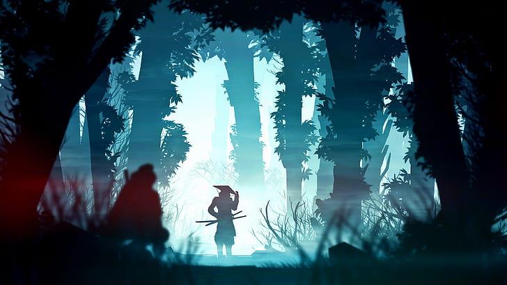 digitale Kunst, Samurai, Wald, bunt, Fantasiekunst, dunkel, HD-Hintergrundbild