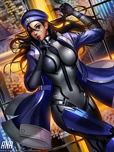  Ana (Overwatch), Overwatch, video games, video game characters, women, fantasy girl, looking at viewer, brown eyes, black hair, long hair, berets, coats, bodysuit, tight clothing, glass, lying on back, top view, backlighting, city lights, portrait display, vertical, artwork, drawing, digital art, parted lips, finger on lips, water drops, fan art, Liang Xing, Liang-Xing, HD wallpaper HD wallpaper