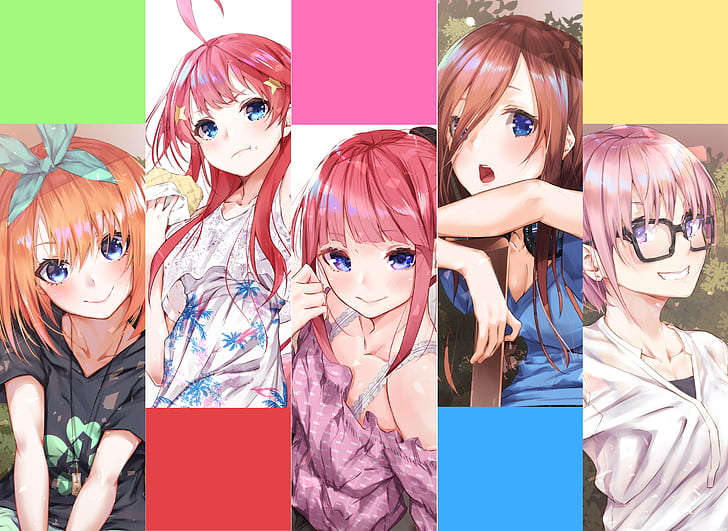 anime, anime girls, 5-toubun no Hanayome, Nakano Itsuki, Nakano Miku, Nakano Ichika, Nakano Nino, Nakano Yotsuba, HD wallpaper