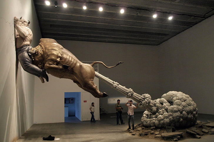 estátua de touro marrom, pessoas, touro, estátua, peidar, HD papel de parede