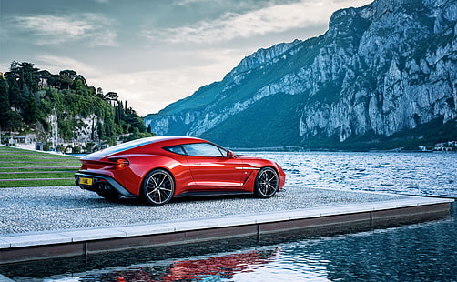 Kırmızı Aston Martin spor araba, kırmızı coupe, arabalar, Aston Martin, peyzaj, Modern, dağ, su, otomatik, Avrupa, lüks, Zagato, supercar, Vanquish, spor araba, Araç, otomotiv, ulaşım, HD masaüstü duvar kağıdı HD wallpaper