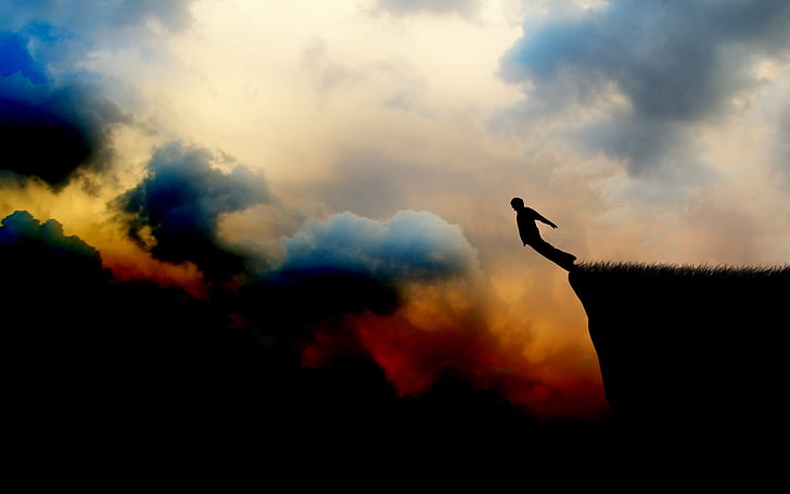 silhouette of person, clouds, digital art, cliff, anime, falling, men, jumping, suicide, sky, silhouette, HD wallpaper