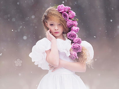 Jolie fille, coiffure, robe blanche, fleurs roses, mignon, fille, coiffure, blanc, robe, rose, fleurs, Fond d'écran HD HD wallpaper