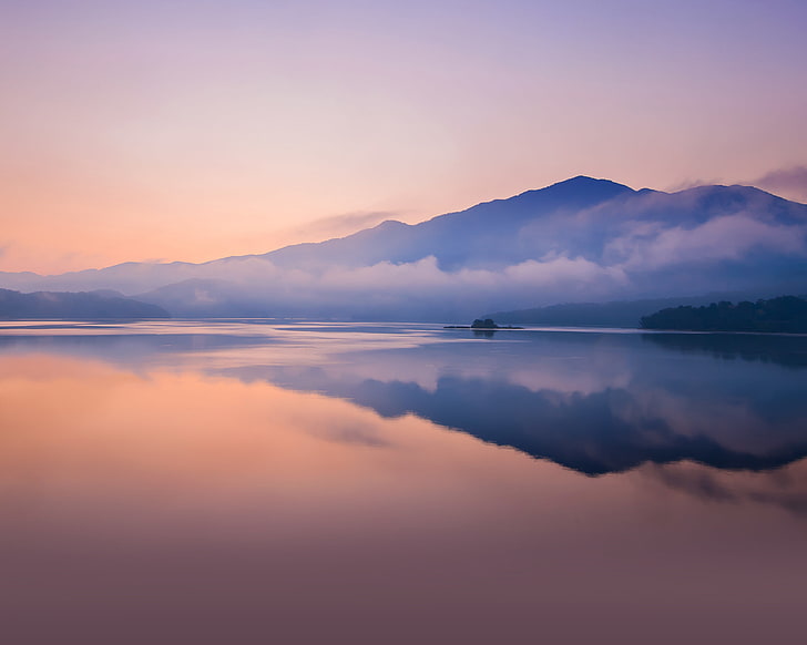 Sunset, Lake, Reflections, Huawei MediaPad M5, Mountains, Stock, HD wallpaper