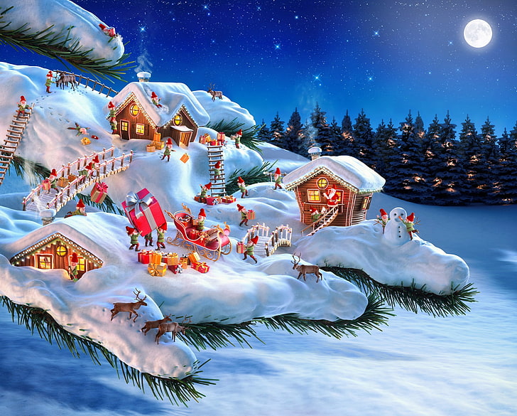 Santa Claus and snowman illustration, winter, forest, snow, night, needles, bridge, holiday, home, branch, gifts, dwarves, sleigh, HD wallpaper
