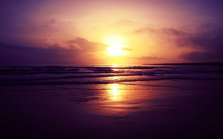 غروب الشمس على الشاطئ ، غروب الشمس ، الشاطئ، خلفية HD