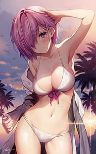 anime, hentai, tramonto, Mash Kyrielight, serie Fate, occhi viola, capelli rosa, fan art, Sfondo HD HD wallpaper