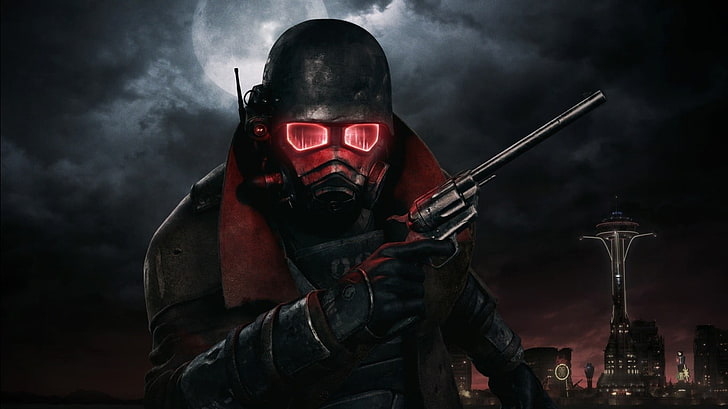 човек, който държи револвер, носещ скрийншот на приложение за игра с маска, видео игри, Fallout: New Vegas, HD тапет