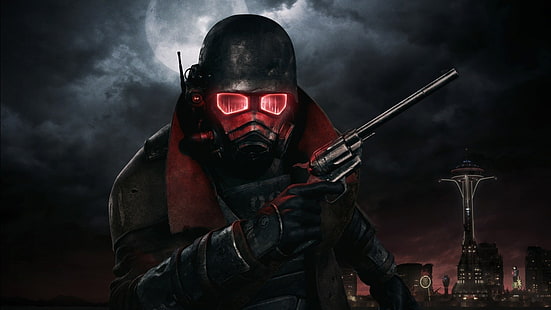 человек, держащий револьвер в маске, скриншот приложения игры, видеоигры, Fallout: New Vegas, HD обои HD wallpaper