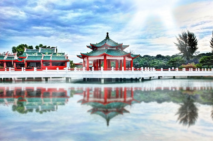 المعبد الأحمر والأبيض ، آسيا ، المعبد ، الباغودة، خلفية HD