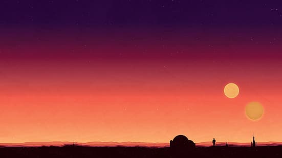 Star Wars, Tatooine, minimalism, sunset, movie scenes, movies, Luke Skywalker, HD wallpaper HD wallpaper