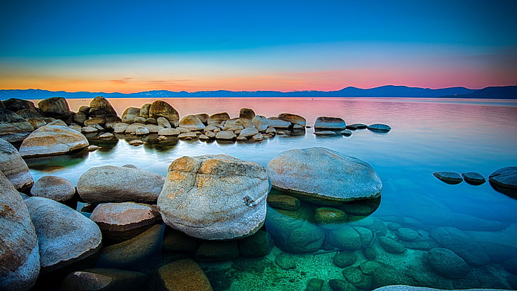 horizon, 5k, États-Unis, Lake Tahoe, lever du soleil, aube, côte, paysage, calme, océan, matin, pierre, rive, mer, rocher, ciel, réflexion, nature, eau, lac, 5k uhd, bord du lac, Fond d'écran HD
