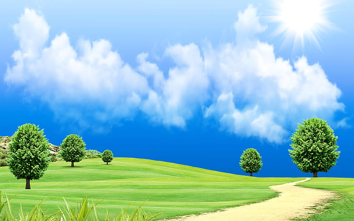 Красив свят на мечтите, зелена трева, дървета, път, облаци, слънце, Красива, Мечта, Свет, Зелен, Трева, Дървета, Път, Облаци, Слънце, HD тапет