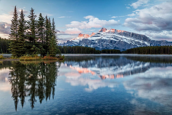 пейзаж, планини, национален парк Банф, Канада, снежна планина, езеро, борови дървета, HD тапет