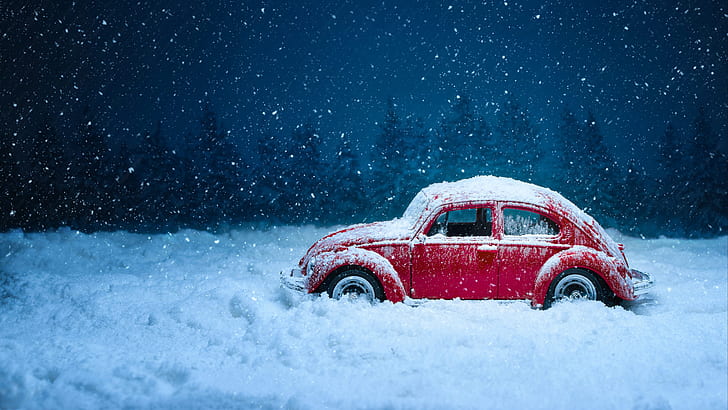 winter, snowy, red car, snow, volkswagen, volkswagen beetle, snowfall, snowing, HD wallpaper