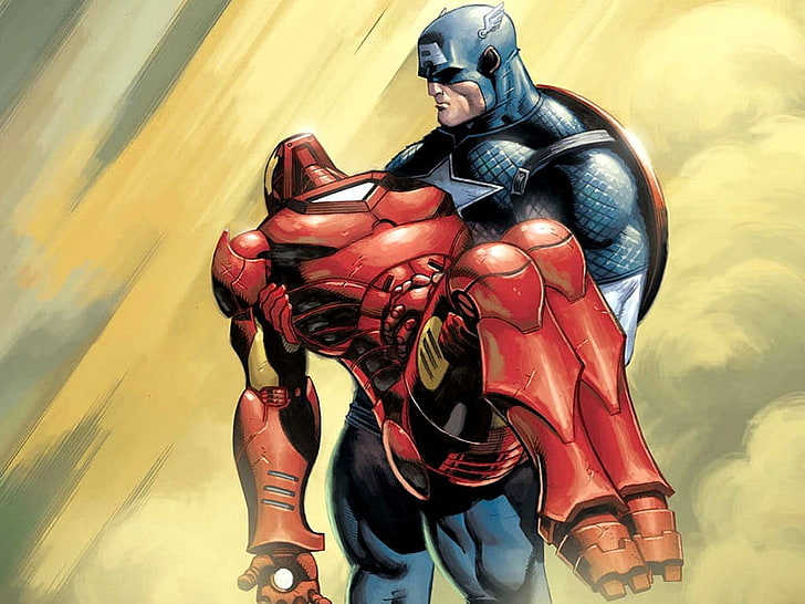 Kapitan Ameryka niosący obraz Iron Mana, Marvel Comics, filmy, Iron Man, Kapitan Ameryka, Avengers, komiksy, Tapety HD