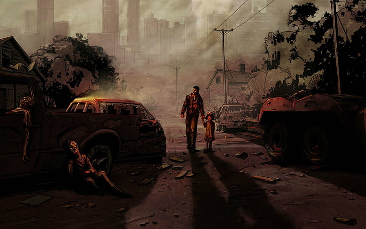 Mann und Kind gehen auf der Straße digitale Tapete, Videospiel, The Walking Dead: Staffel 1, HD-Hintergrundbild