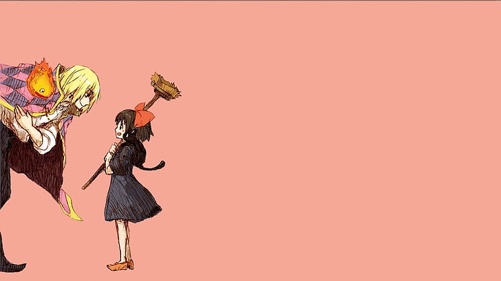 Tapete mit zwei Anime-Figuren, Kikis Lieferservice, Howl's Moving Castle, Hayao Miyazaki, Calcifer, Howl, Haarschleifen, Anime-Mädchen, Anime, einfacher Hintergrund, Anime-Jungen, HD-Hintergrundbild