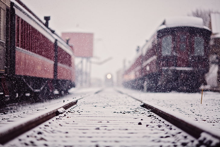 winter, snow, train, station, cars, railroad, HD wallpaper
