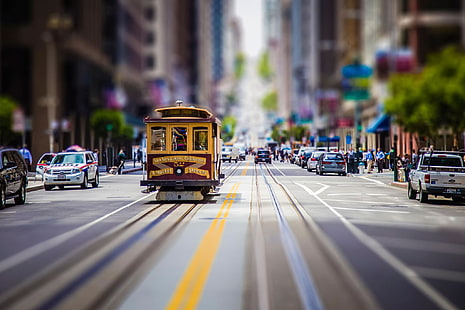 yellow and brown tram, urban, cityscape, street, car, tilt shift, HD wallpaper HD wallpaper