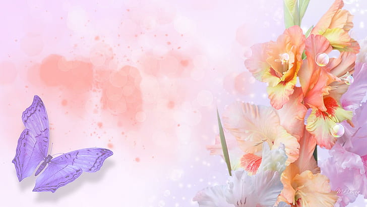 Iris So Softly, лилава пеперуда и бежово илюстрирано цвете, лято, лавандула, праскова, пеперуда, цветя, пръски, папилон, пръски, пролет, абстрактно, ирис, нату, HD тапет
