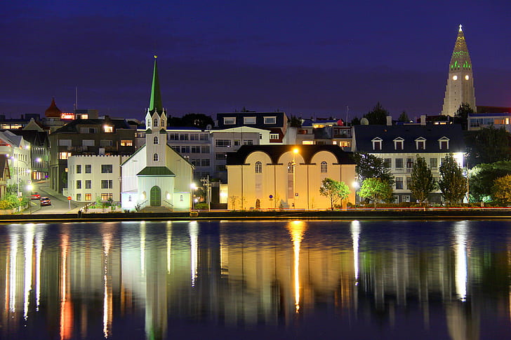 city building near body of water during nightime, downtown, Reykjavik, Iceland, city building, body of water, city  center, reflections, stillness, night, calm, pond, churches, evening, architecture, church, cityscape, reflection, dusk, famous Place, water, HD wallpaper