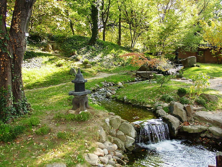 Japanese Garden, Garden, River, Trees, japanese garden, garden, river, trees, HD wallpaper
