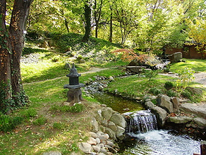 Jardim japonês, jardim, rio, árvores, jardim japonês, jardim, rio, árvores, HD papel de parede HD wallpaper