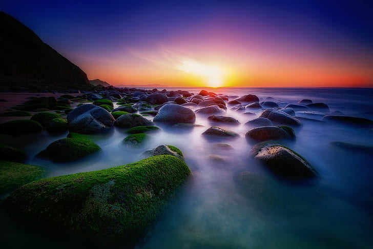 green mountains during foggy and sunset scenery photography, Infinite, rocks, green mountains, foggy, sunset, scenery, photography, landscape, travel, colors, long exposure, seascape, nature, sea, rock - Object, sunrise - Dawn, dusk, beach, water, scenics, beauty In Nature, outdoors, coastline, sky, dawn, reflection, HD wallpaper