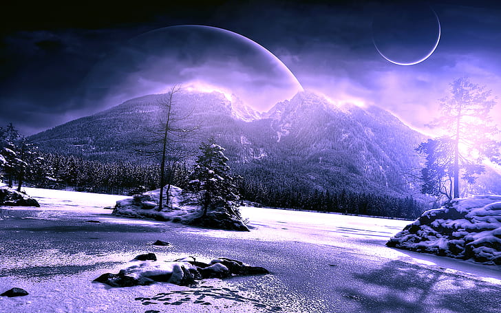 Снег Зима Деревья Горы Чужой Пейзаж Планеты Фиолетовый HD, фэнтези, пейзаж, деревья, горы, снег, зима, пурпур, планеты, пришелец, HD обои