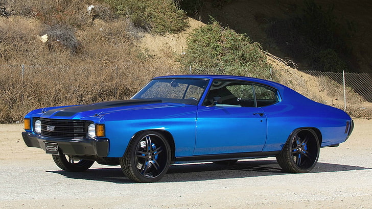blue coupe, muscle car, chevelle, chevrolet, tuning, side view, HD wallpaper