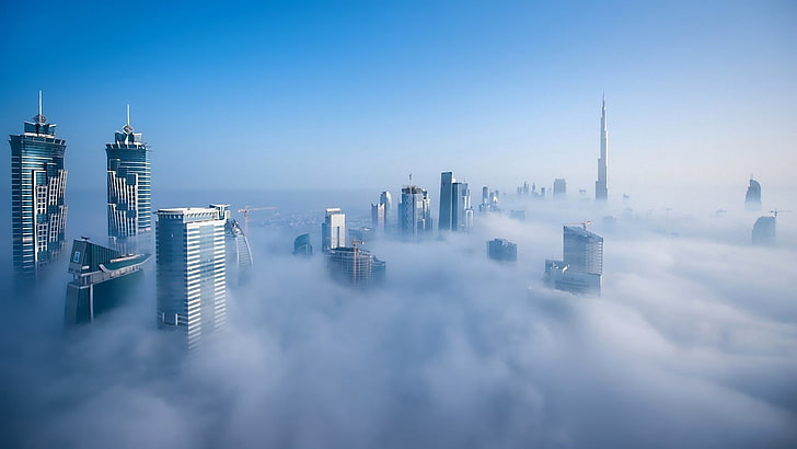 Hochhäuser, Stadt, städtisch, Nebel, Dubai, Stadtbild, Wolkenkratzer, HD-Hintergrundbild