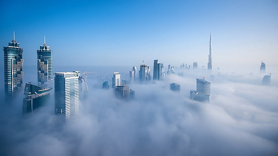 wieżowce, miasto, urbanistyka, mgła, Dubaj, pejzaż miejski, wieżowiec, Tapety HD HD wallpaper