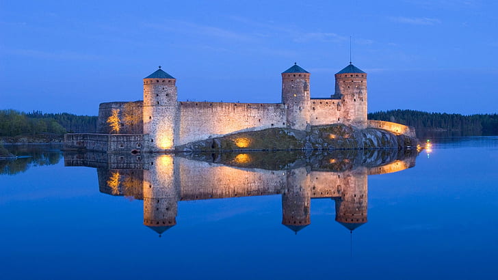 Lake, castle, light, night, reflection, blue, Lake, Castle, Light, Night, Reflection, Blue, HD wallpaper