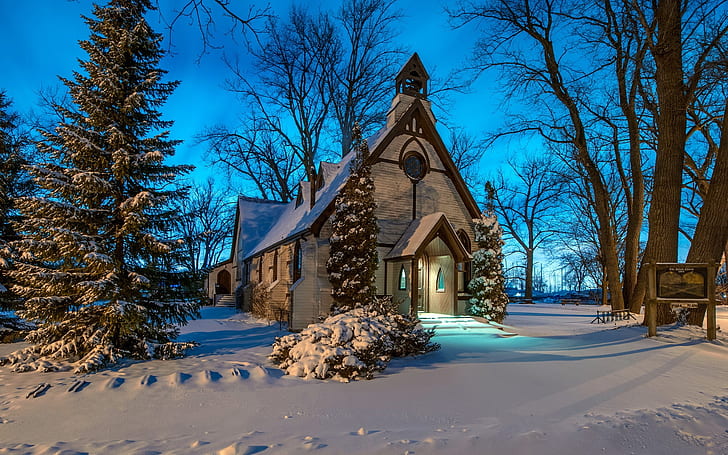 Iglesia, invierno, nieve, árboles, noche, Iglesia, invierno, nieve, árboles, noche, Fondo de pantalla HD
