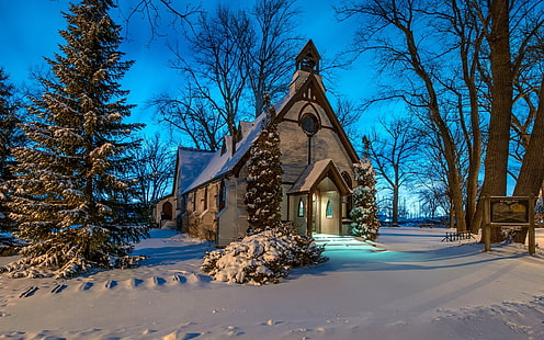 Kyrka, vinter, snö, träd, natt, kyrka, vinter, snö, träd, natt, HD tapet HD wallpaper