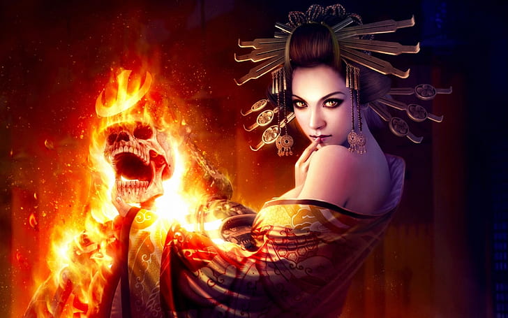 Guerreiro mágico fogo crânio HD, personagem feminina segurando esqueleto ardente, fantasia, fogo, guerreiro, magia, crânio, HD papel de parede