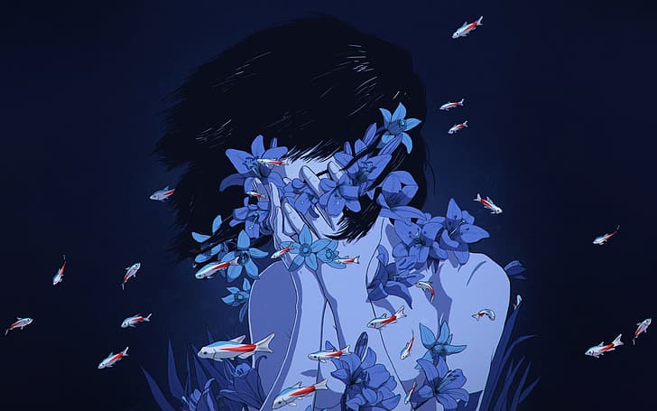 Perfect Blue, women, fish, flowers, hand on face, Louis Picard, HD wallpaper