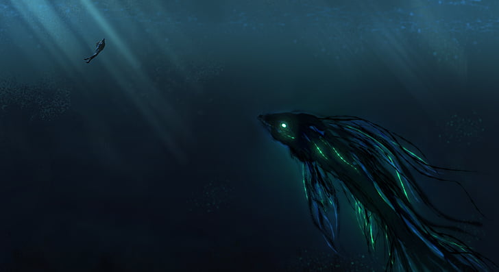 черно-синее морское чудовище, иллюстрация, глубокое море, аквалангист, гигантское существо, HD, 4K, HD обои