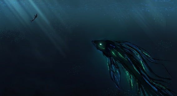 czarno-niebieska ilustracja potwora morskiego, Deep Sea, Scuba Diver, Giant creature, HD, 4K, Tapety HD HD wallpaper