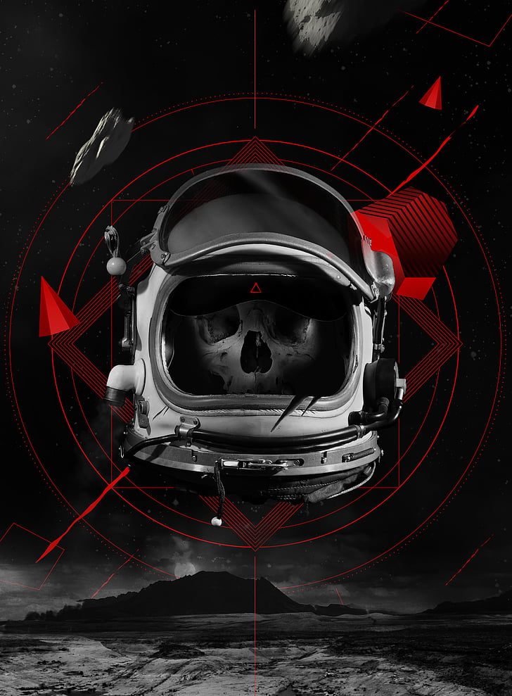 gray and black skull wearing gray and black full-face helmet, Dead Astronaut, Skull, Space suit, 4K, HD wallpaper