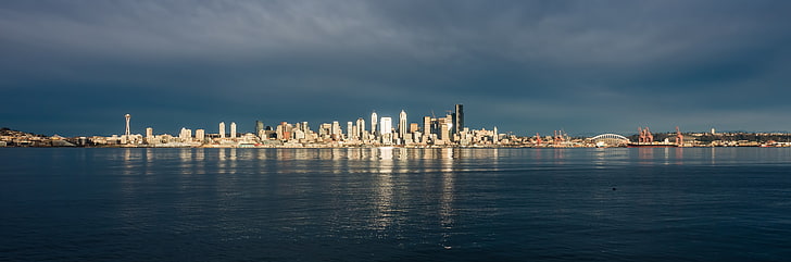 calm body of water, Seattle, cityscape, water, skyscraper, landscape, city, building, architecture, HD wallpaper