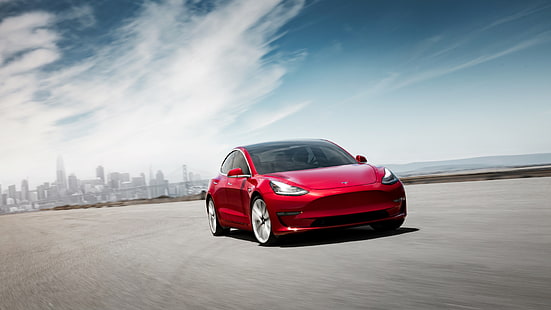 Tesla Motors, Tesla Model 3, Mobil, Mobil Mewah, Mobil Merah, Wallpaper HD HD wallpaper
