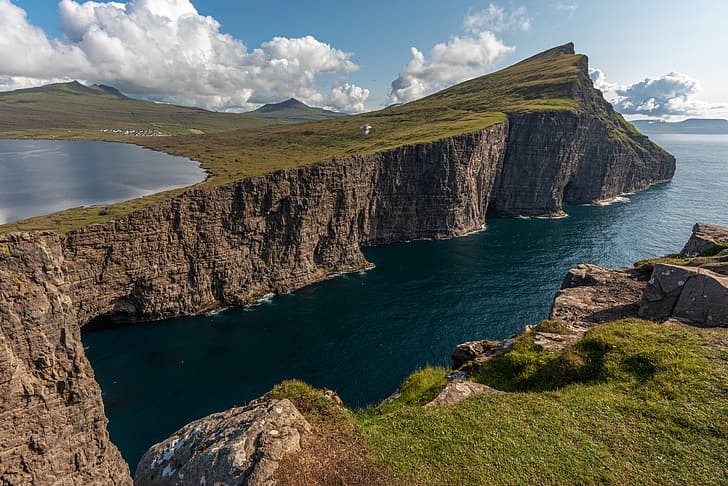 foto, Natureza, Lago, Rocha, Dinamarca, Musgo, Ilhas Faroé, Lago Sørvágsvatn, HD papel de parede