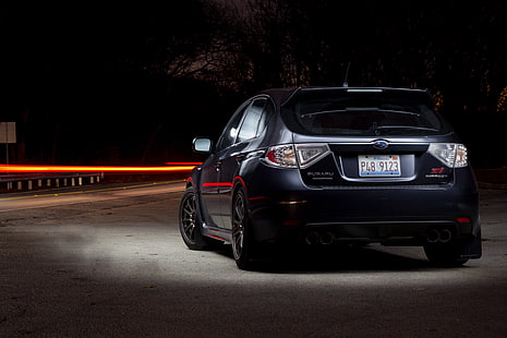 czarny 3-drzwiowy hatchback, samochód, subaru, impreza, noc, sti, Tapety HD HD wallpaper