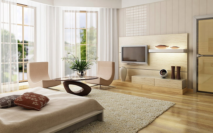 серый телевизор с плоским экраном, дизайн интерьера, деревянная поверхность, спальня, кресло, кровать, подушки, окно, ковры, HD обои