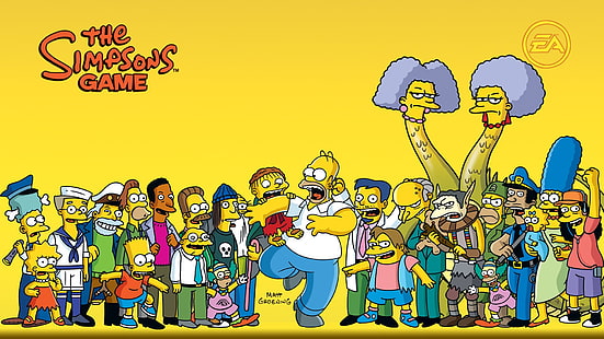 The Simpsons Game fond d'écran numérique, Les Simpson, Homer Simpson, Montgomery Burns, Sideshow Bob, Lisa Simpson, Bart Simpson, Moe Sislag, Maggie Simpson, Marge Simpson, Selma Bouvier, Fond d'écran HD HD wallpaper